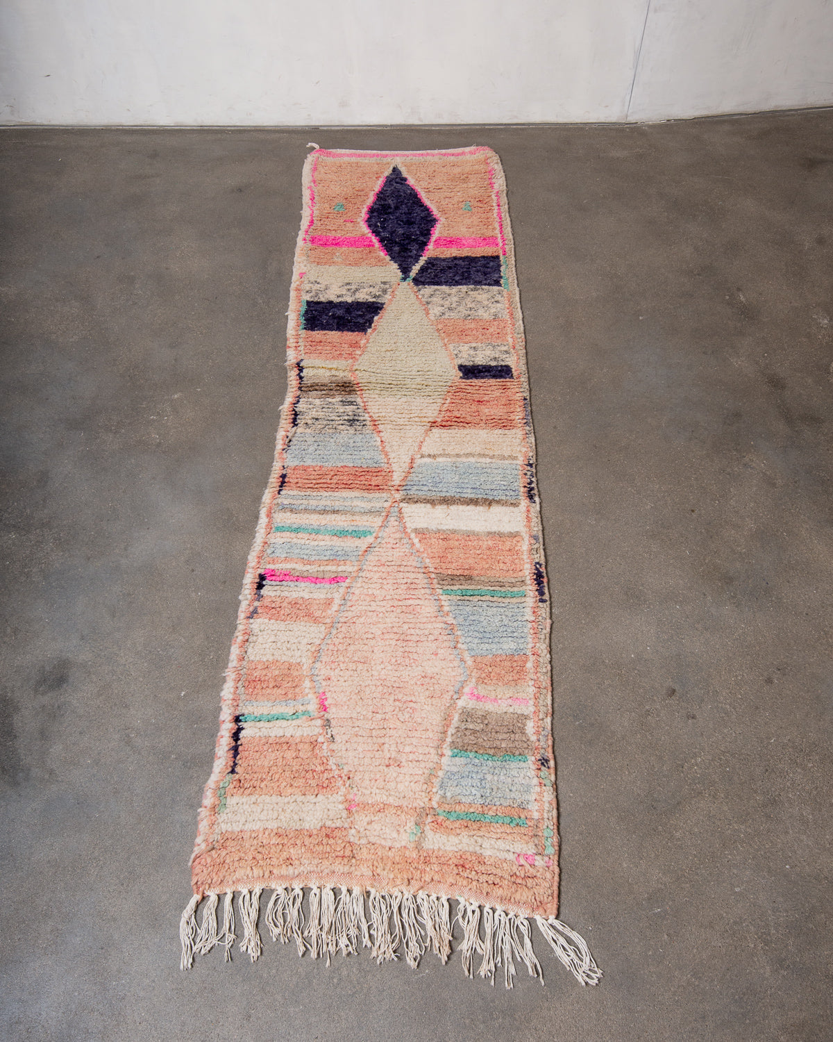 Modern, designer, handcrafted Berber runner rug from Morocco. Vintage carpet with beautiful colours and patterns and fluffy texture.